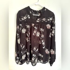 lucky brand tunic blouse shirt women's L black floral crochet